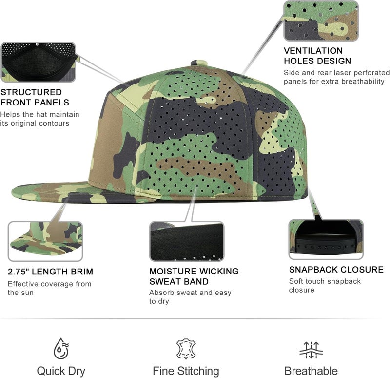 FEINION Men Flat Brim Adjustable Performance Hat Snapback Laser Perforated Baseball Cap - Image 3